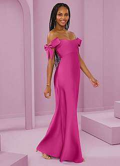 Barbie ♥ Azazie Abiti da Damigella Abito Convertibile Tubino in Raso Elasticizzato a Spalla Scoperta Fucsia image6