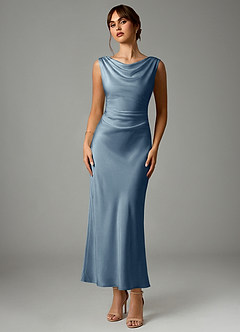 Azazie Kieryn Robes de demoiselle d'honneur Robe Sirène en Satin extensible Plissée Bleu Poussiéreux image1