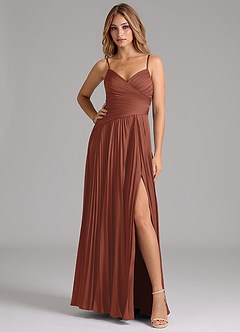 Azazie Vini Bridesmaid Dresses Auburn A-Line Pleated Stretch Satin Dress image3