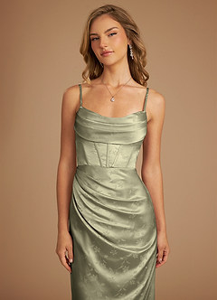 Azazie Mai Bridesmaid Dresses Olive Floral Jacquard Sheath Pleated Floral Jacquard Dress image3