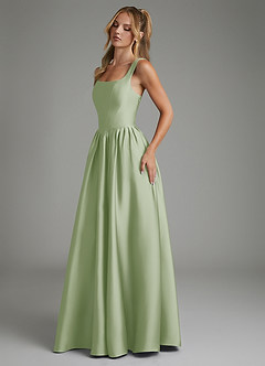 Azazie Nevaeh At-home Try On Dresses Dusty Sage A-Line Corset Stretch Satin Dress image6
