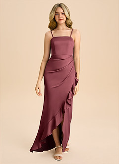 Azazie Buzzy Junior Merlot Sheath Pleated Stretch Satin Dress image4