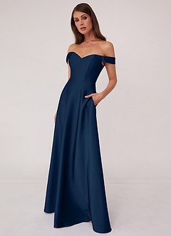 Barbie ♥ Azazie Bridesmaid Dresses Dark Navy A-Line Off the Shoulder Stretch Satin Convertible Dress image4