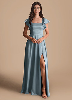 Azazie Bondi Bridesmaid Dresses Dusty Blue A-Line Bow Metallic Satin Dress image2