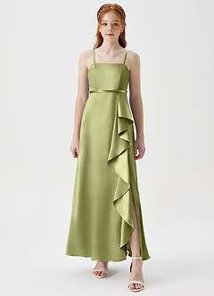 Azazie Kaylee Junior A-Linie Gürtel/Schärpe Metallischer Satin Kleid Pistazie image5