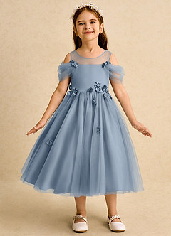 Azazie Juni Flower Girl Dresses Dusty Blue Ball-Gown Pleated Tulle Dress image4