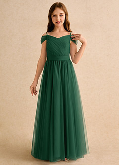 Azazie Yuna Girls Formal Abiti da Ragazza di Fiori Abito A-Line in Tulle Spalle Scoperte Verde Scuro image6