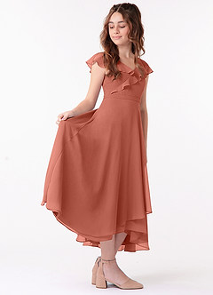 Azazie Posie Junior A-Linie Gestreift Chiffon Kleid Lehm image1
