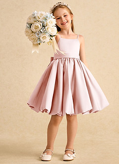 Azazie Davine Blumenmädchenkleider A-Linie Spaghetti Riemen Matte Satin Kleid Zartrosa image7