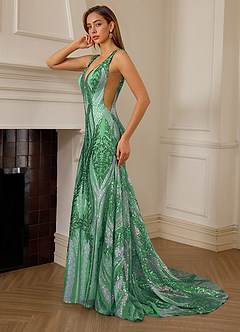 Jade Green Sequin Satin Side Split Deep V-neck Mermaid Marine Prom Dress image7