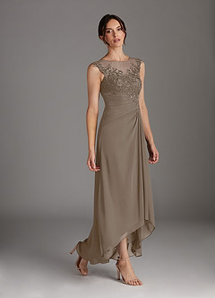 Azazie Endora Mother of the Bride Dresses Taupe A-Line Scoop Lace Chiffon Dress image3