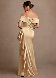 Azazie Kirsty Mother of the Bride Dresses Champagne Sheath Off the Shoulder Stretch Satin Dress image2