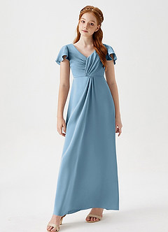 Azazie Soren Junior Steel Blue A-Line Ruched Stretch Satin Dress image4