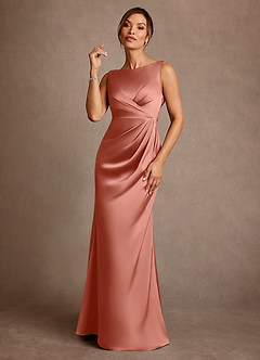 Azazie Baltimore Mère de la mariée Robes Robe Trapèze en Satin extensible Plissée Rose Saumon image1