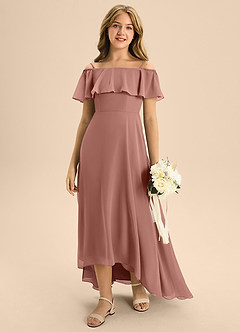 Azazie Maggie Junior Cedar Rose A-Line Off the Shoulder Chiffon Dress image3