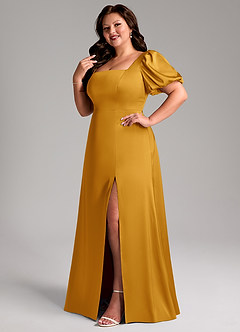 Azazie Fyona Robes de demoiselle d'honneur Robe Trapèze en Satin extensible Plissée Caramel écossais image12