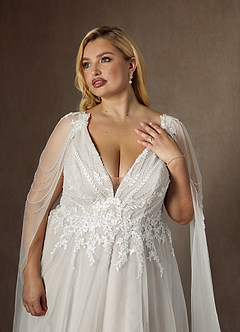 Azazie Goddess Robes de mariée Robe Trapèze en Tulle Col V à paillettes Blanc De Diamant image4