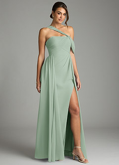 Azazie Kassandra Bridesmaid Dresses Agave A-Line Off the Shoulder Chiffon Dress image5