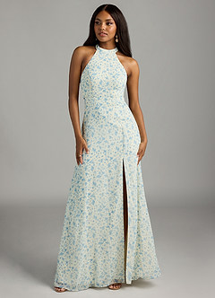 Azazie Clarice Bridesmaid Dresses Blue And White Ditsy Floral A-Line Halter Chiffon Dress image5
