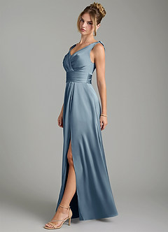 Azazie Karina Bridesmaid Dresses Dusty Blue A-Line Pleated Stretch Satin Dress image3