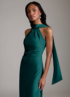 Azazie Cassiana Jurken voor bruidsmeisjes Jurk van Stretch Satijn met Zeemeermin Geplooid Pauw image3