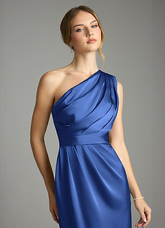 Azazie Emorie Final Sale Royal Blue Sheath One Shoulder Stretch Satin Dress image2