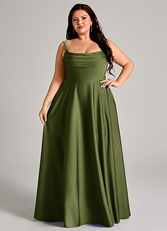 Azazie Shaude Bridesmaid Dresses Olive A-Line Pleated Stretch Satin Dress image12