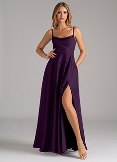 Azazie Elle Bridesmaid Dresses Grape A-Line Pleated Stretch Satin Dress image3