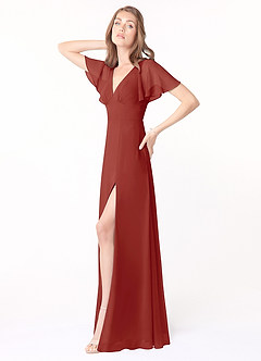 Azazie Kimber Bridesmaid Dresses Terracotta A-Line Flounce Sleeve Chiffon Dress image3