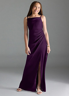 Azazie Leonis Junior Grape A-Line Pleated Stretch Satin Dress image1