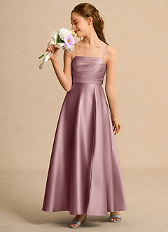 Azazie Pebbles Girl vestidos de niña de las flores Vestido de Rosa Polvorienta de Satin Mate de Corte En A con Plisado image5