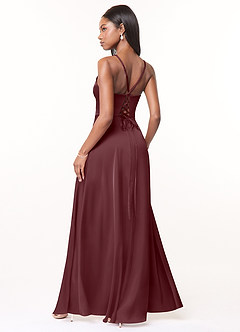 Azazie Maksim Bridesmaid Dresses Sangria A-Line V-Neck Stretch Satin Dress image2