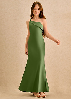 Azazie Almond Girls Formal Robe Demoiselle D'honneur Fillette Robe Fourreau en Satin extensible Une épaule Genévrier image6