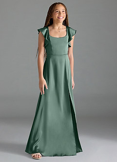 Azazie Bondi Junior Eucalyptus A-Line Side Slit Stretch Satin Dress image3