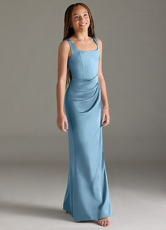 Azazie Mero Junior Steel Blue Mermaid Pleated Stretch Satin Dress image3