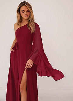 Barbie ♥ Azazie Bridesmaid Dresses Burgundy A-Line Long Sleeve Chiffon Dress image5