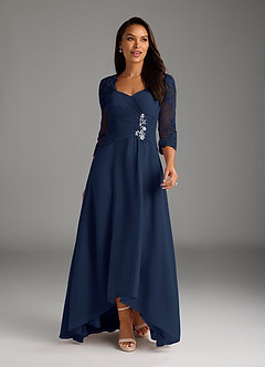 Azazie Devereaux Mother of the Bride Dresses Dark Navy A-Line Lace Chiffon Dress image1