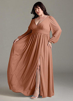 Azazie Norah Bridesmaid Dresses Bronzer A-Line V-Neck Long Sleeve Chiffon Dress image10