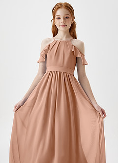 Azazie Chaya Junior Champagne Rose A-Line Off the Shoulder Chiffon Dress image1