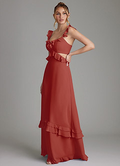 Azazie Malaya Vestidos de damas de honor Vestido de Terracota de Gasa de Corte en A con Corsé image5