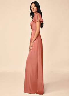 Azazie Soren Bridesmaid Dresses Salmon Pink A-Line Pleated Stretch Satin Dress image3