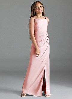 Azazie Leonis Junior Blushing Pink A-Line Pleated Stretch Satin Dress image3