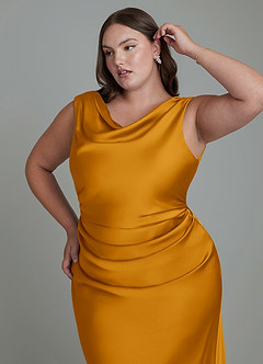 Azazie Kieryn Robes de demoiselle d'honneur Robe Sirène en Satin extensible Plissé Caramel écossais image12