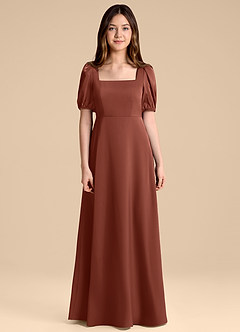 Azazie Briar Junior Vestido de Castaño de Satén Elástico de Corte en A con Lazo image7