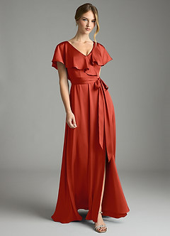 Azazie Lainey Bridesmaid Dresses Rust A-Line with Pockets Stretch Satin Dress image1