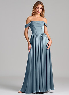 Azazie Raisa Bridesmaid Dresses Dusty Blue A-Line Off the Shoulder Stretch Satin Dress image4