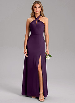 Azazie Tracie Bridesmaid Dresses Grape A-Line Side Slit Stretch Satin Dress image3