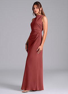 Azazie Evadne Robes de demoiselle d'honneur Robe Fourreau en Mousseline de soie Plissé Terracotta image1