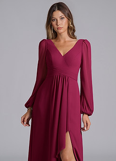 Azazie Liah Bridesmaid Dresses Burgundy A-Line Long Sleeve Chiffon Dress image7