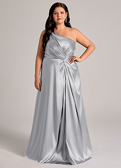 Azazie Brooke Bridesmaid Dresses Silver A-Line One Shoulder Metallic Satin Dress image8